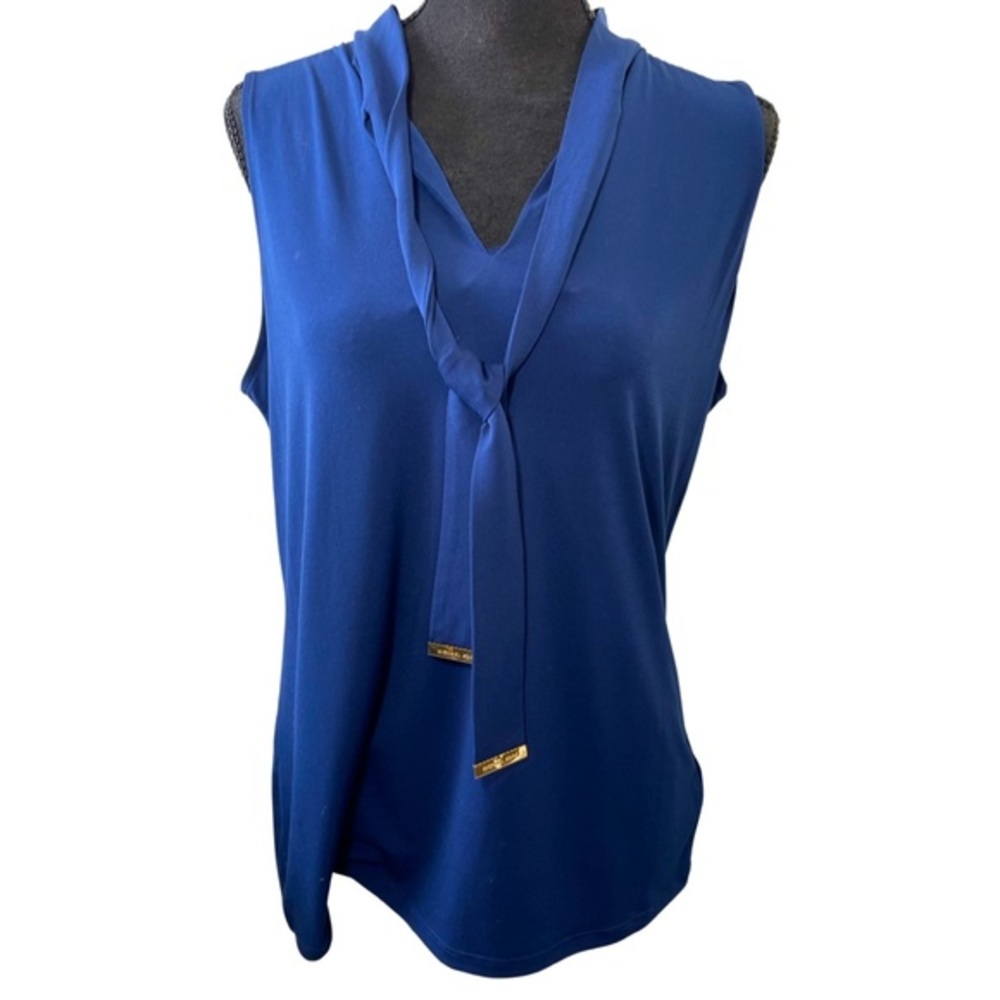 Michael Kors Designer Navy Tie Neck Blouse‎ Tank Classy Top Size Large